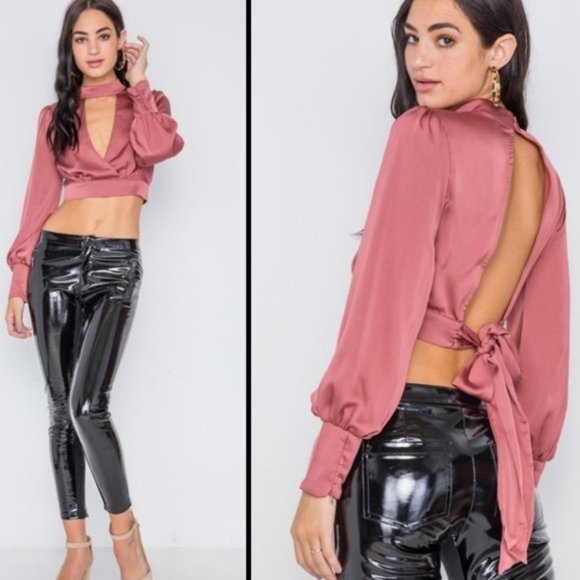 Tops - Sexy Satin Look Rose Crop with Deep V Open Back